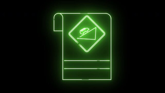 Green Neon Document Icon with Slope and Car Symbol.