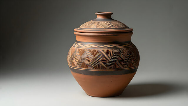 Sgraffito pottery jar with carved geometric surface