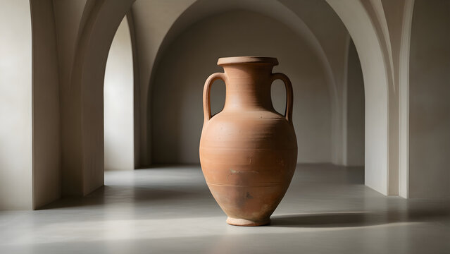 Terracotta amphora inspired art vessel in a niche