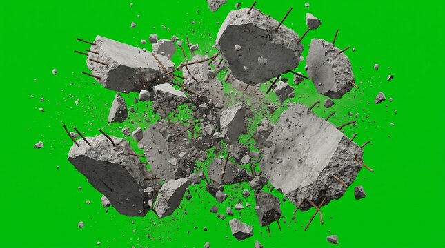Exploding Concrete Debris with Rebar on Green Screen Chroma Key Background