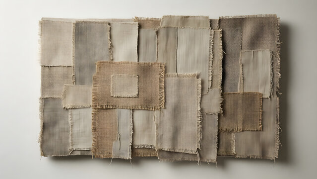 Layered fabric collage with frayed edges and stitching