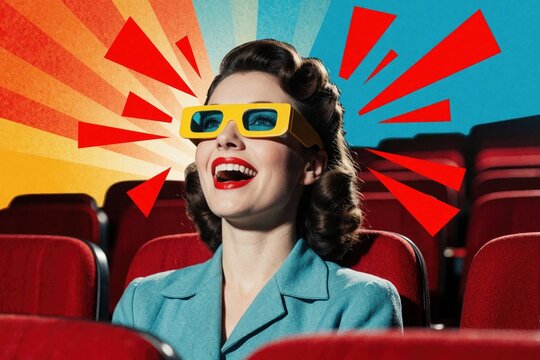 Excited retro woman wearing 3d glasses watches movie in cinema. Vintage 1950s style collage art with colorful rays, red theater seats. Happy girl enjoying modern film premiere streaming content. Pop