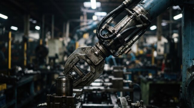 Articulated hydraulic robotic arm joint gripping a metal component on a factory assembly line with visible hydraulic fluid lines