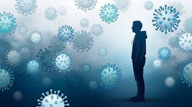 Man surrounded by virus particles, symbolizing global pandemic and health crisis.