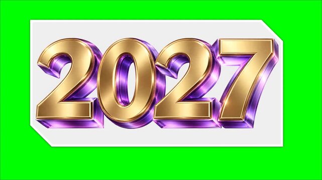 Golden numbers twenty twenty seven year text animation over bright green screen background clip
