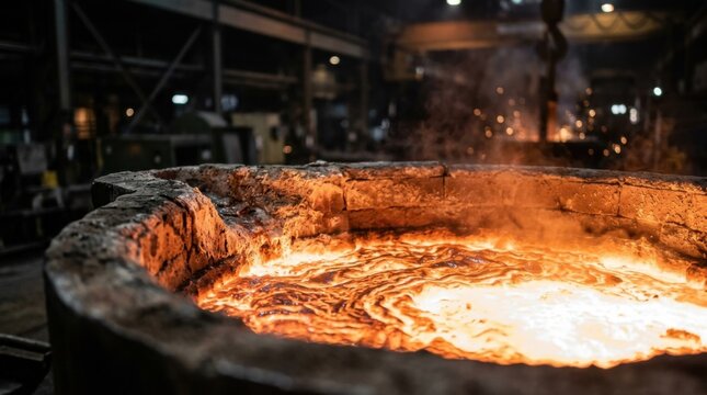 Glowing electric arc furnace crucible with rippling molten metal and refractory brick lining, symbolizing low-carbon steelmaking.