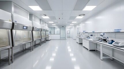 Fototapeta premium Modern cleanroom laboratory interior featuring sterile white surfaces, stainless steel equipment, bright fluorescent lighting, and advanced research instruments