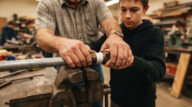 Shop teacher guiding a teen apprentice fitting a pipe coupling wrapped in ptfe tape during vocational plumbing training