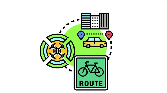 Nonstop route diagram with a car navigating between city points, alongside a bicycle route sign and a drone technology symbol, representing modern travel and logistics planning