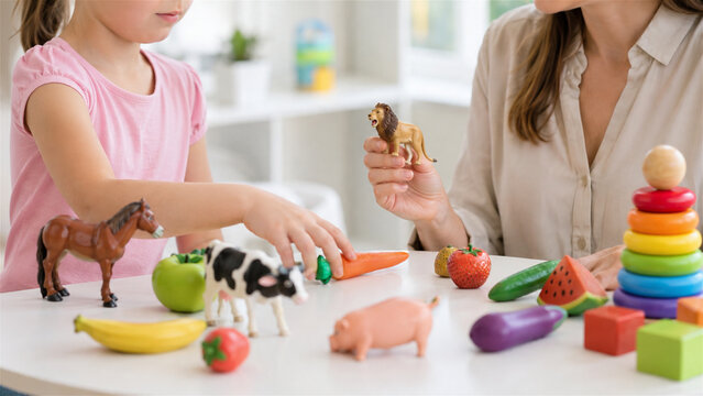child and adult play with toy animals and pretend food at a table. Early childhood learning through play. Educational toys for preschool development. Imaginative play and family interaction