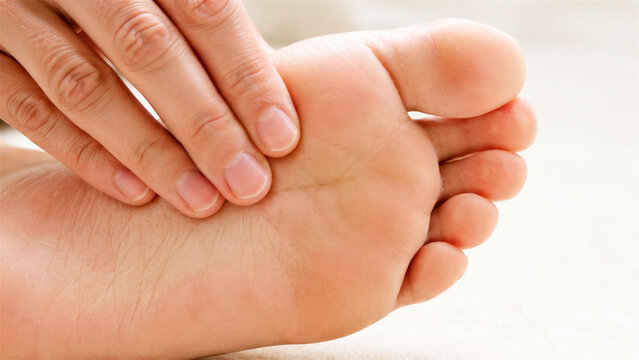 hands massaging the sole of a bare foot in close-up. Foot massage and reflexology treatment. Wellness, relaxation and personal care. Spa therapy, bodywork and restorative self-care