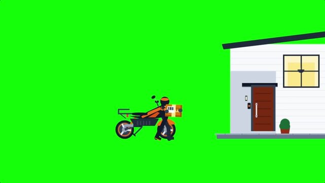 Delivery Worker Arrives at House on Motorcycle and Rings Doorbell