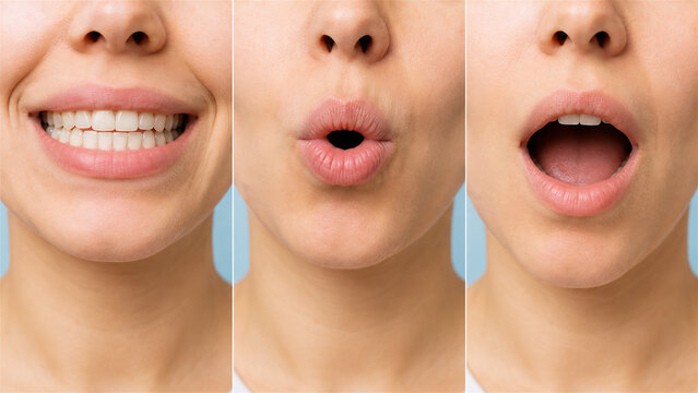 close-up of mouth showing a smile, pursed lips and open mouth in three-panel sequence. Facial expressions and speech articulation. Oral communication, phonetics and dental health concept