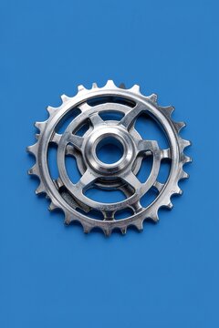 Metal bicycle cog on blue background
