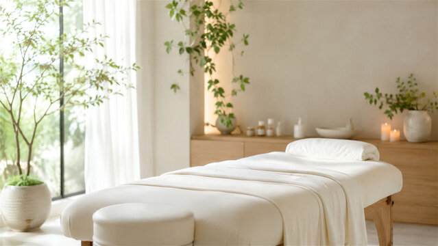 white massage table in a spa treatment room with plants and candles. Wellness, self care and restorative retreat. Massage therapy, relaxation and holistic health. Spa interior design