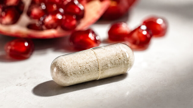 herbal supplement capsule with pomegranate seeds on white surface with red berries in background. Natural wellness and nutrition concept. Dietary supplements and plant ingredients. Healthy living