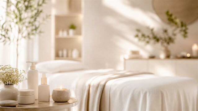 skincare bottles and candle beside a neatly made bed in a bright bedroom. Home spa and self care routine. Wellness, relaxation and personal care concept. Minimalist bedroom interior