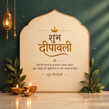 Shubh Deepawali greeting card template with Hindi calligraphy burning diyas and golden lantern 3D illustration