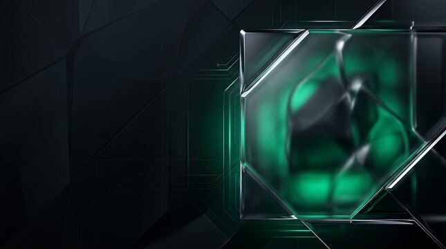 Abstract dark background with glowing green light behind a broken glass structure.