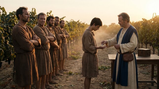 Landowner Pays Workers Denarius in Vineyard at Sunset Reflecting Parable of Laborers