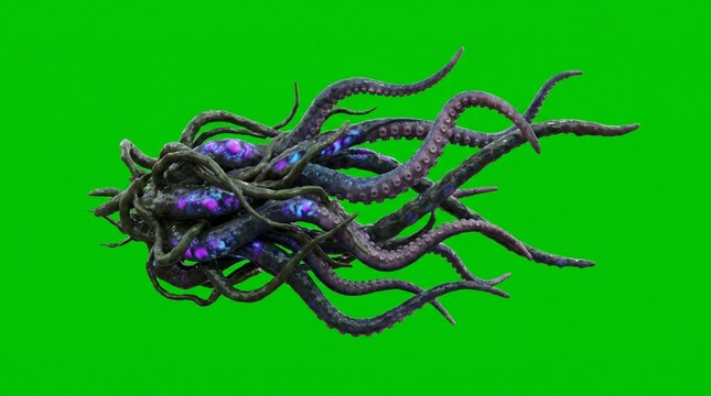 3D render of a futuristic alien creature with glowing tentacles on green background