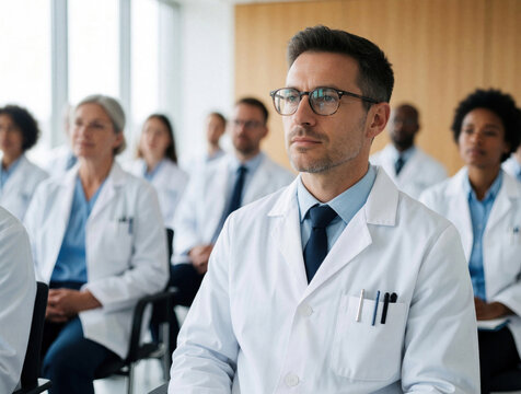 Male doctor in white coat, glasses listens to lecture in auditorium. Medical professionals attend refresher course, training seminar. Healthcare workers study medicine, learn new techniques.