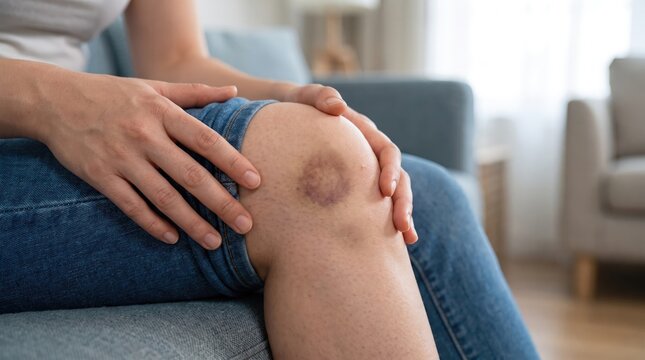 A person sitting on a sofa at home touching a large purple bruise on their knee, concept of injury, accident, pain, and physical health recovery in daily life