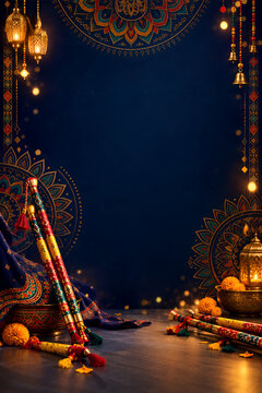 Traditional indian festival background with dandiya sticks and glowing lanterns for cultural celebration indian culture garba night navratri event decorative lights
