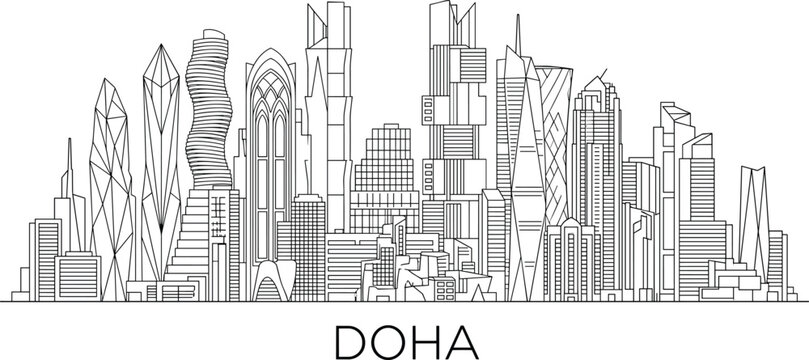 Doha City Skyline Line Art Vector Illustration with Modern Urban Architecture and Skyscrapers