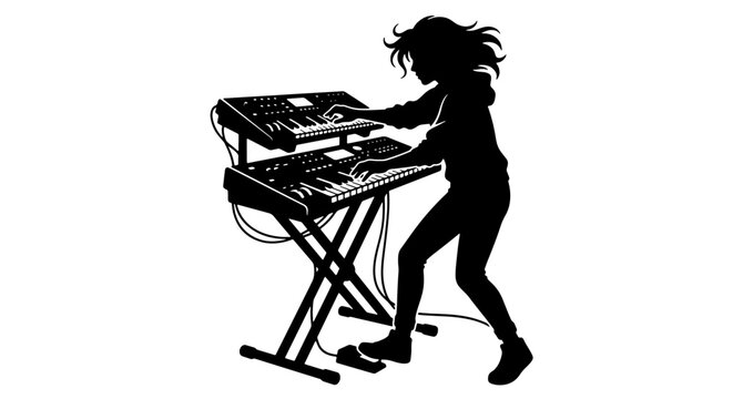 Musician Playing Synthesizer Silhouette Vector, Female Keyboardist Performing Live Music Graphic, Electronic Music Producer Art
