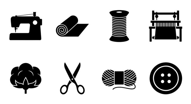 Sewing icon set, black minimalist tailoring vector symbols, textile craft equipment icons, handmade dressmaking and knitting web elements.