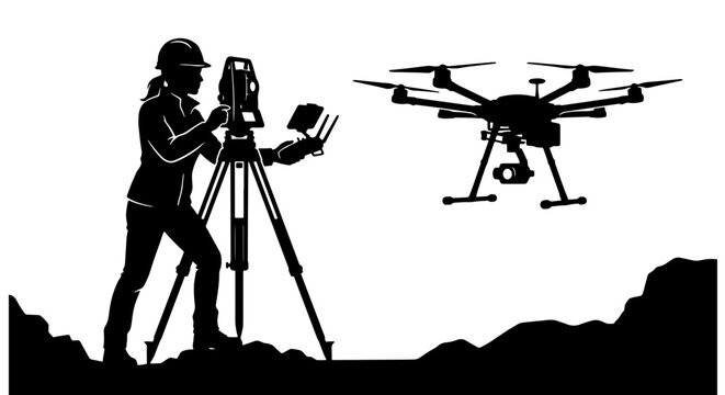 Female Land Surveyor Silhouette Operating Total Station and Drone, Black Vector Icon of Geodetic Topography Mapping Equipment and Drone