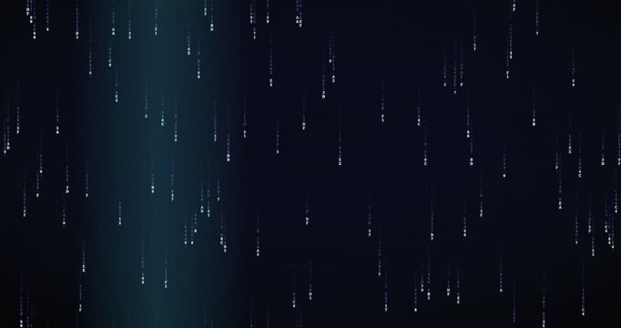 Hexadecimal code symbols fall slowly in a violet-hued matrix rain animation, creating a signal breach atmosphere.