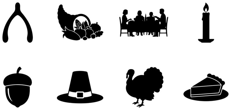 Thanksgiving silhouette icon set of 8 vector elements, black holiday harvest icons, pilgrim hat turkey cornucopia pie wishbone symbols