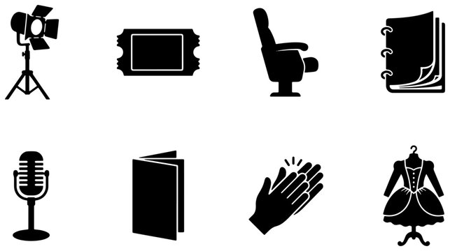 Cinema and theater icon set, black performance silhouette vector symbols, movie stage spotlight ticket microphone applause graphic set