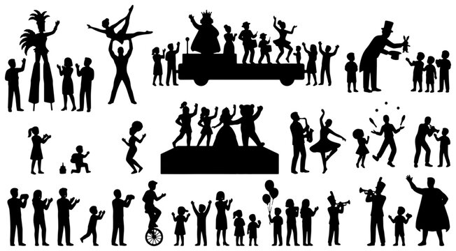 Carnival parade silhouettes vector set, festival performer silhouette collection, street performers acrobats musicians graphics for event design