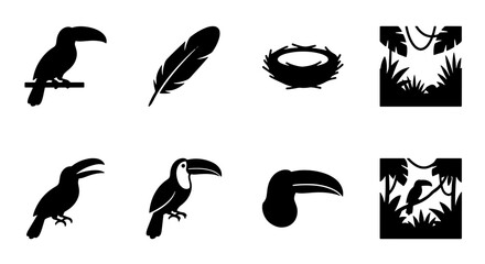 Fototapeta premium Black toucan bird silhouette vector icons set, tropical jungle fauna symbols set, exotic rainforest nature elements