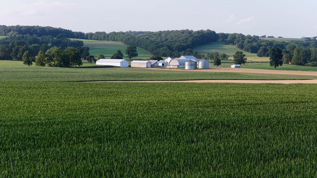 Aerial view of Maxatawny Township farmland with green cornfields, agricultural buildings, silos, and rolling hills under a clear sky in Maxatawny, Pennsylvania, United States.