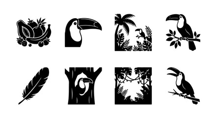 Fototapeta premium Tropical toucan bird icons set, black vector silhouettes of exotic rainforest wildlife, jungle leaves and fruits