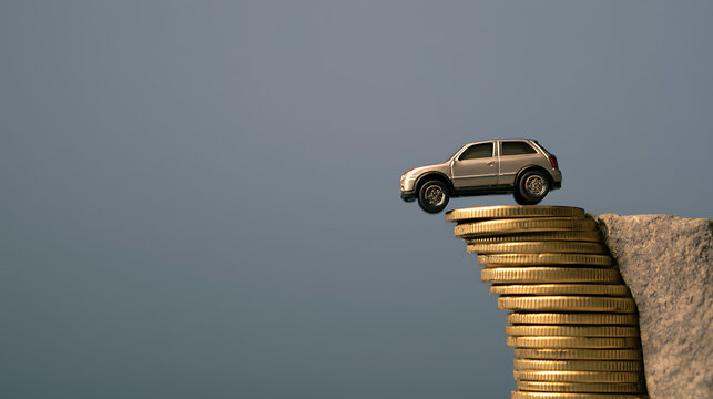 Small toy car balanced dangerously on the edge of a tall stack of gold coins acting as a cliff edge representing financial risk danger