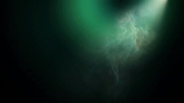 Abstract background with green light beam and swirling smoke on black.