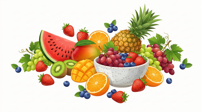 Fresh tropical fruits and berries in a bowl with watermelon and pineapple slices