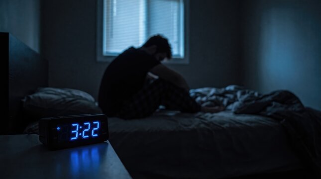 Man sitting on his bed in the dark during the middle of the night, looking stressed and sleepless with a glowing digital clock showing 3:22 AM in the room.