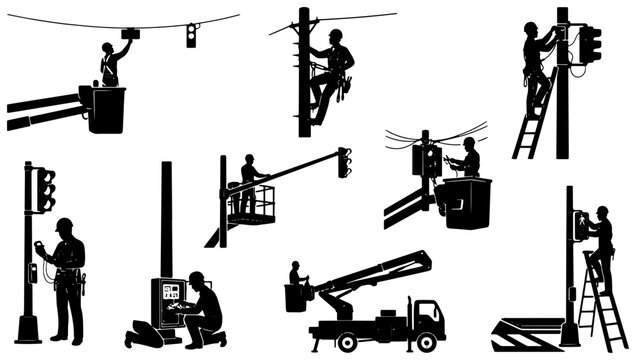Electrician worker silhouettes set, electrician and lineman repairing power lines, utility bucket truck and maintenance technician vector elements