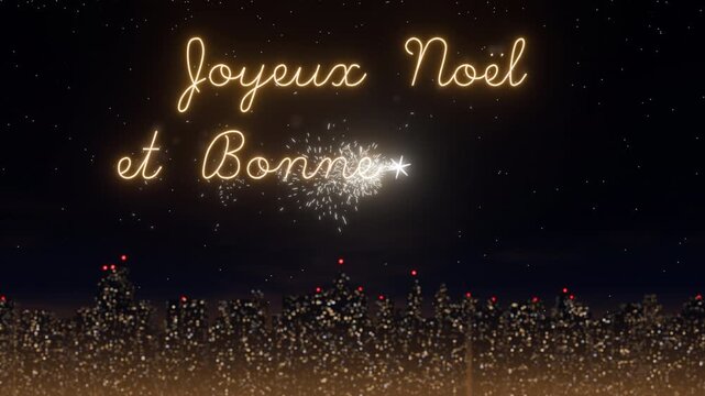 A 3D render of a French Christmas and New Year greeting being written by a glowing sparkler over a city skyline at night