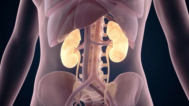 3D medical illustration of the human abdominal cavity showing internal organs including kidneys, spine, adrenal glands, and major blood vessels in the renal system