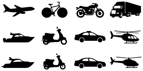 Fototapeta premium Black transportation vector silhouettes, vehicle icons collection, airplane motorcycle car truck boat helicopter symbols, logistics graphic set