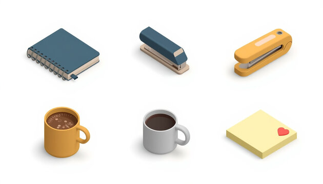 Muted Navy Mustard Yellow Stationery Icon Collection with Soft Ambient Occlusion Shading Perfect for Productivity App and Office Supply Branding