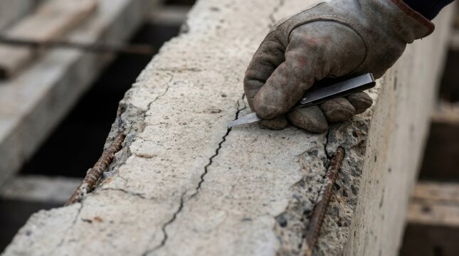 Engineer tracing a hairline crack along an exposed concrete beam with a crack width gauge revealing corroded rebar