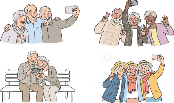 Active Senior Citizens Vector Illustration Set Featuring Elderly Friends and Happy Couples Taking Selfies and Using Smartphones Indoors and Outdoors